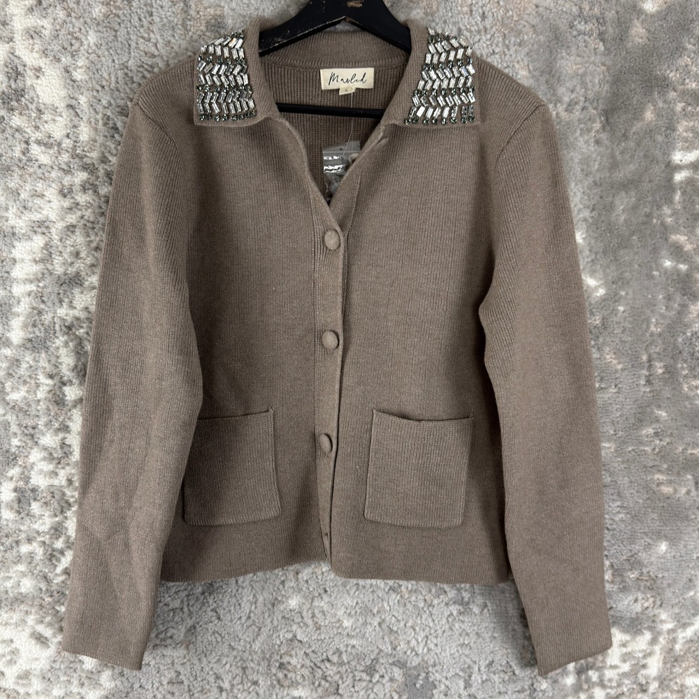 Marled Size S Rhinestone Embellished Collar Button Front Cardigan Brown LS